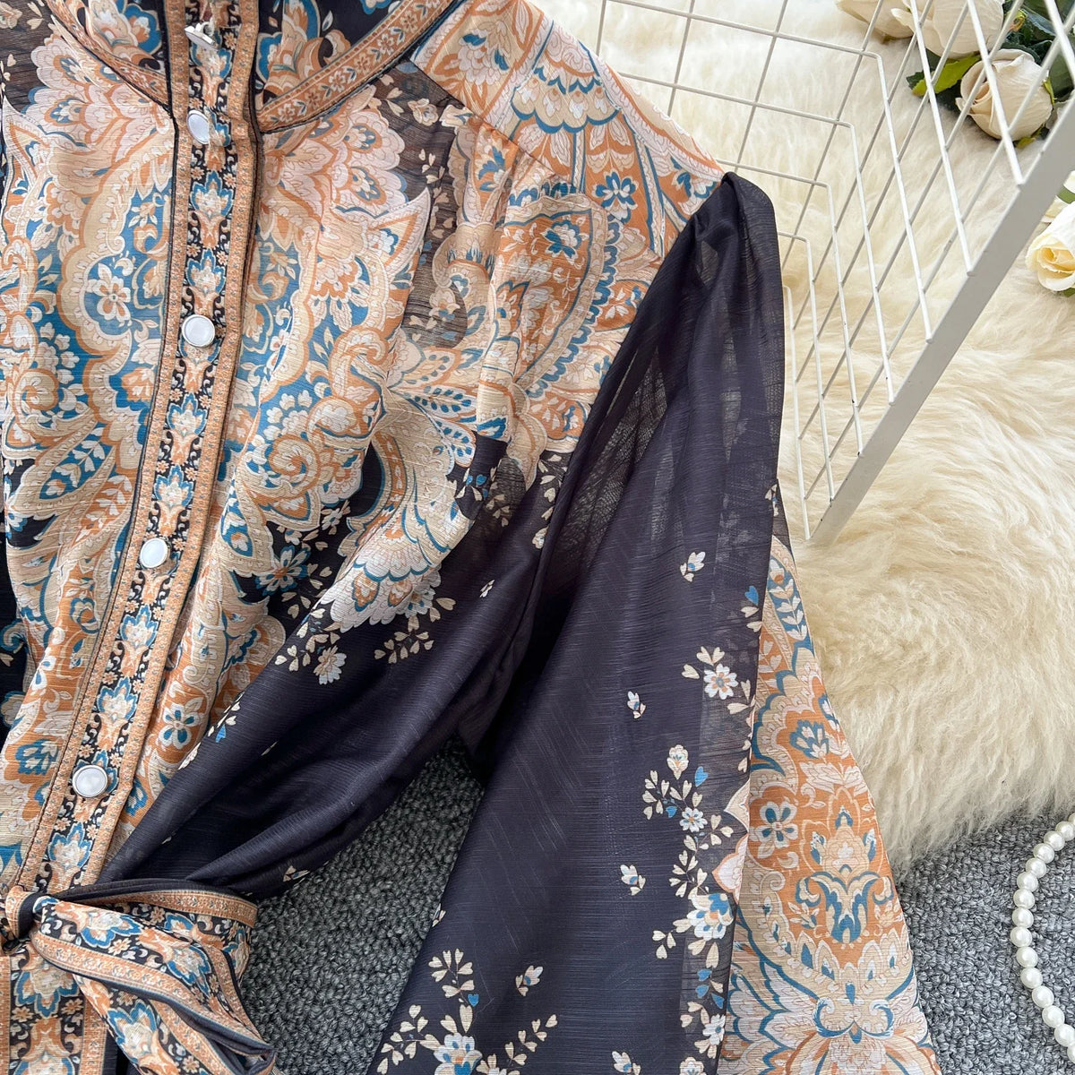 Printed Puff Sleeve Button Maxi Dress