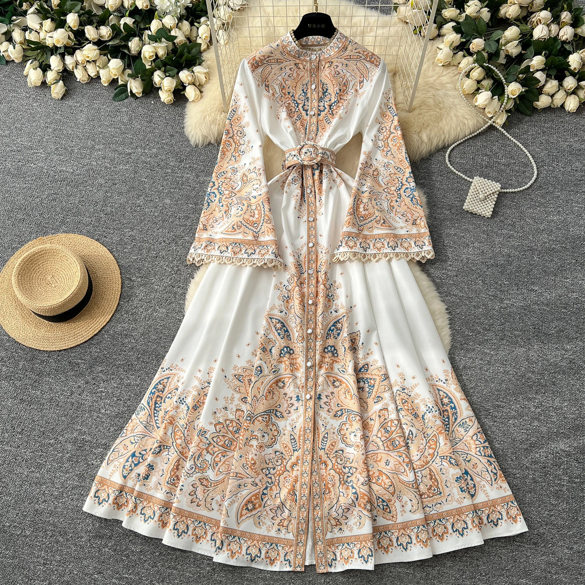 Print Ruched Flare Sleeve Sash Dress