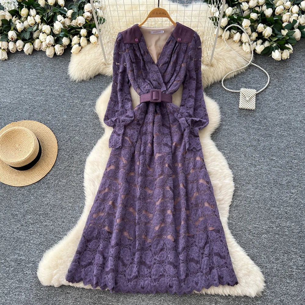 Lace Mesh V-Neck A-Line Dress