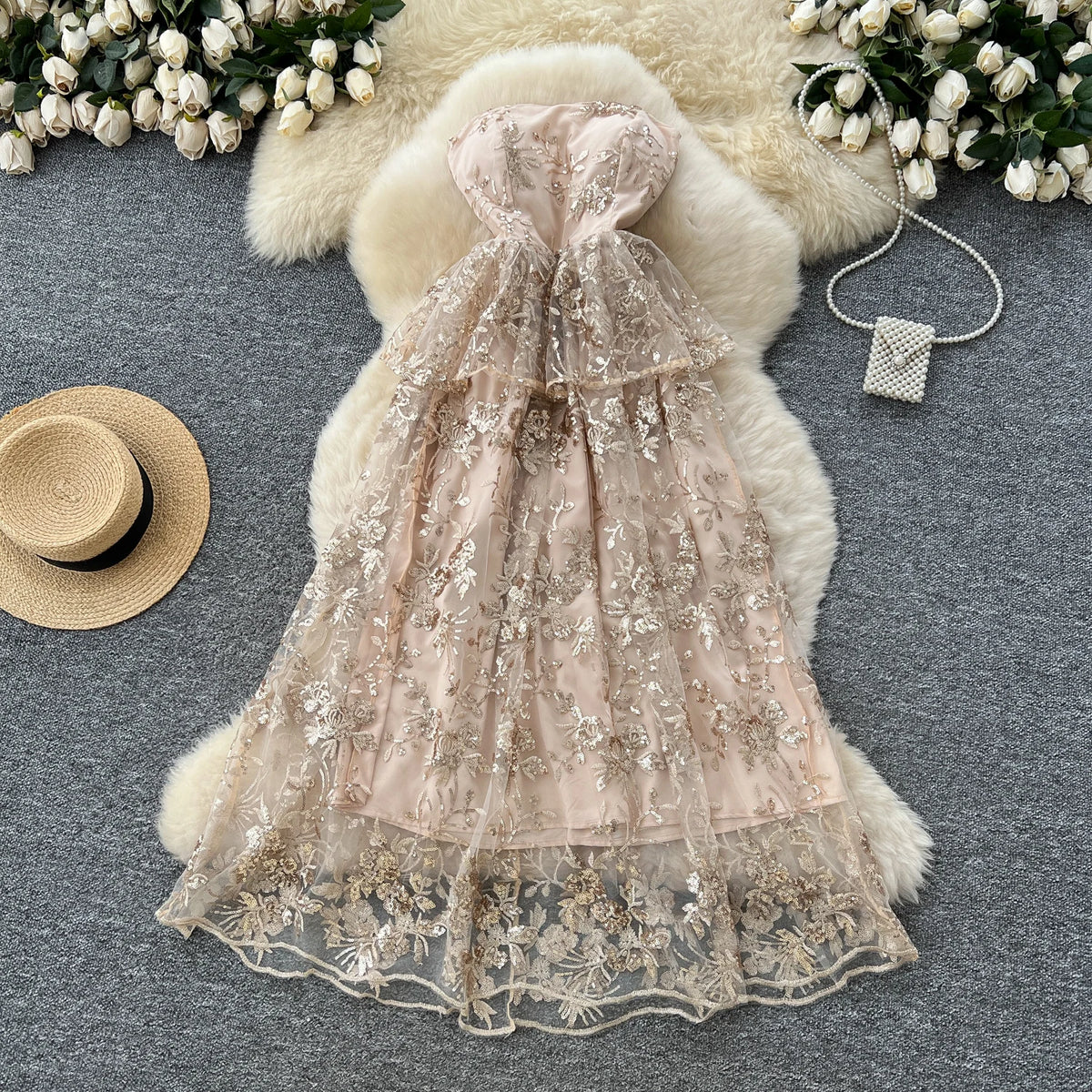 Embroidered Sequin Sleeveless Evening Dress