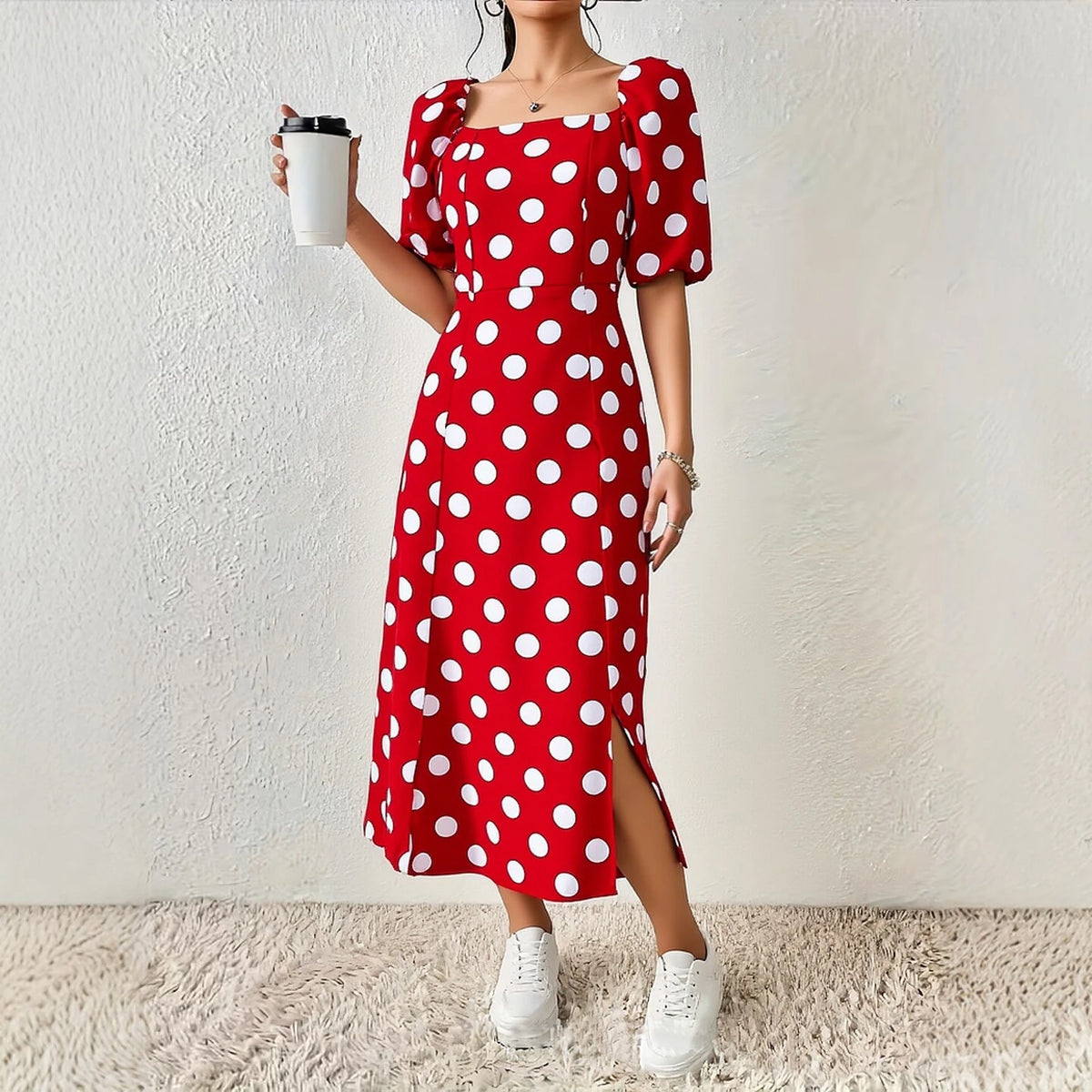 Vintage Polka Dot Square Neck A-Line Maxi Dress