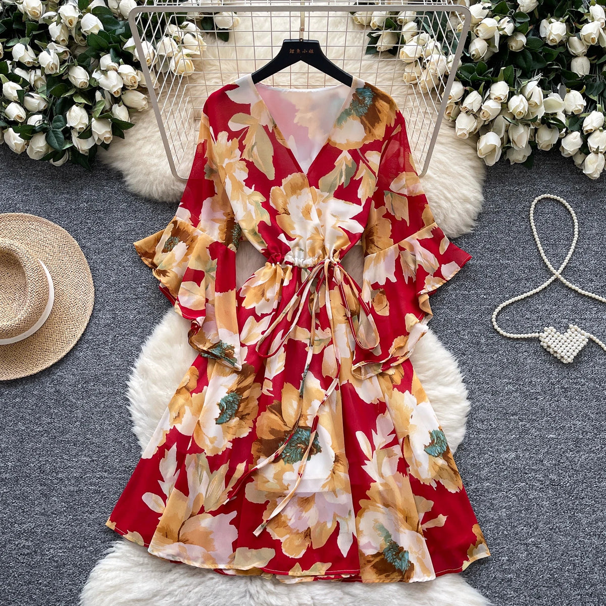 Boho Chiffon Print V-Neck Sundress