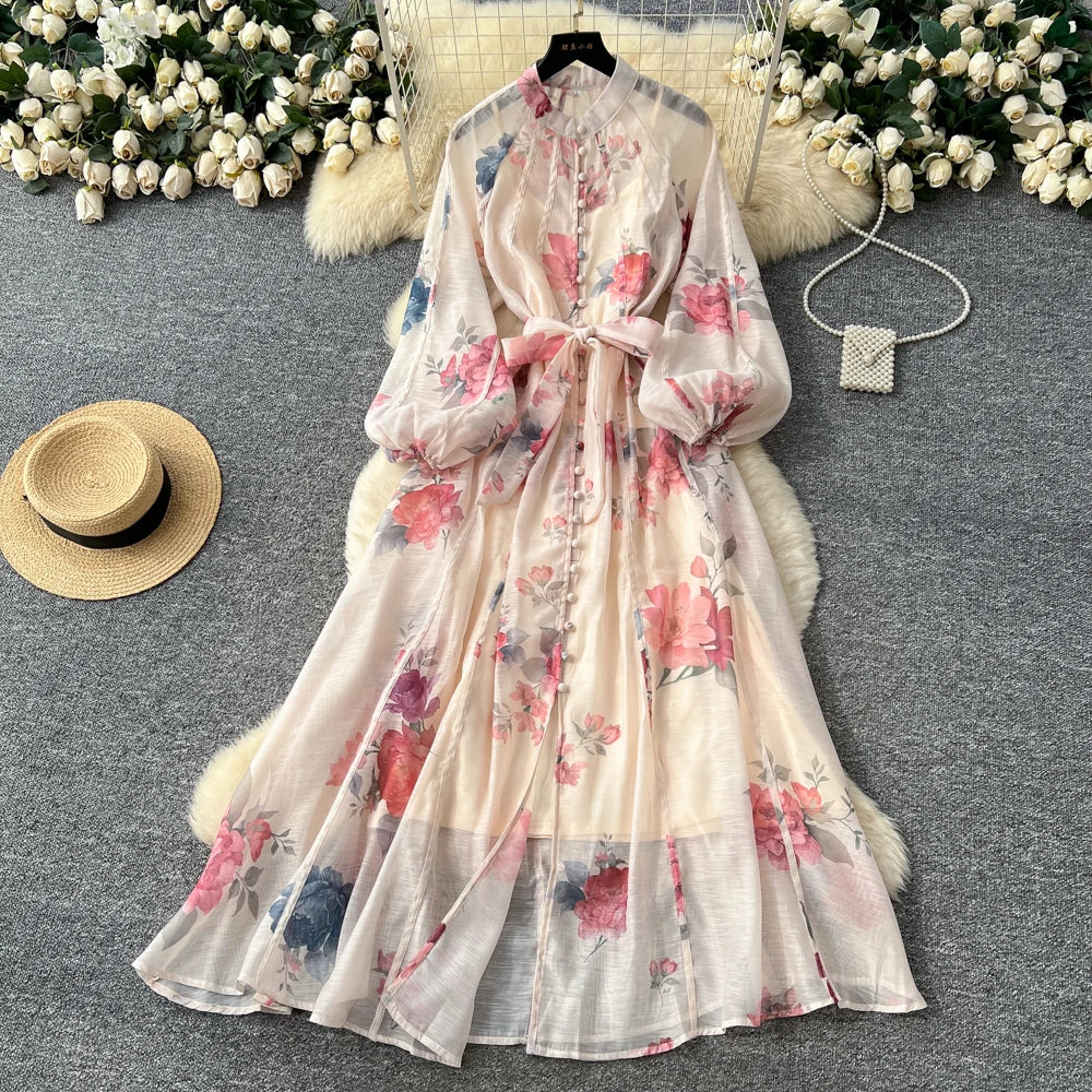Button Print Lantern Sleeve Dress