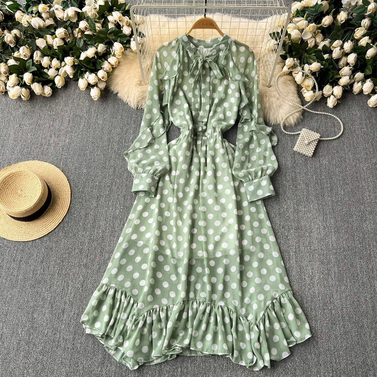 Polka Dot Chiffon Puff Sleeve A-Line Dress