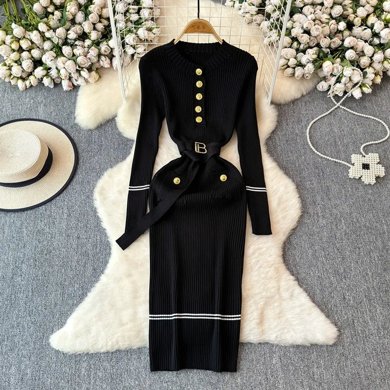 Belted Knit Bodycon Maxi Sweater Dress