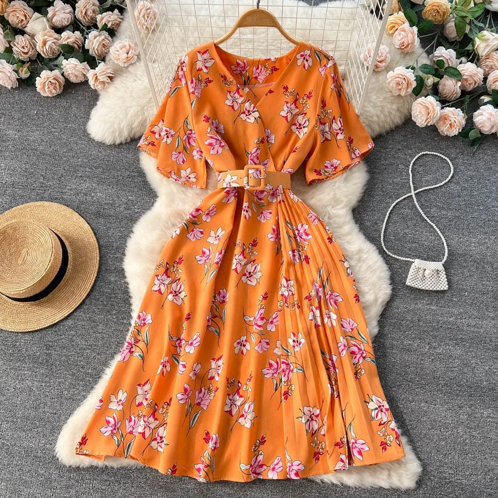 Orange Floral Belted A-Line Maxi Dress