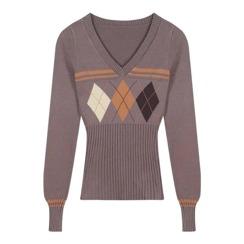 Geometric V-Neck Knit Sweater