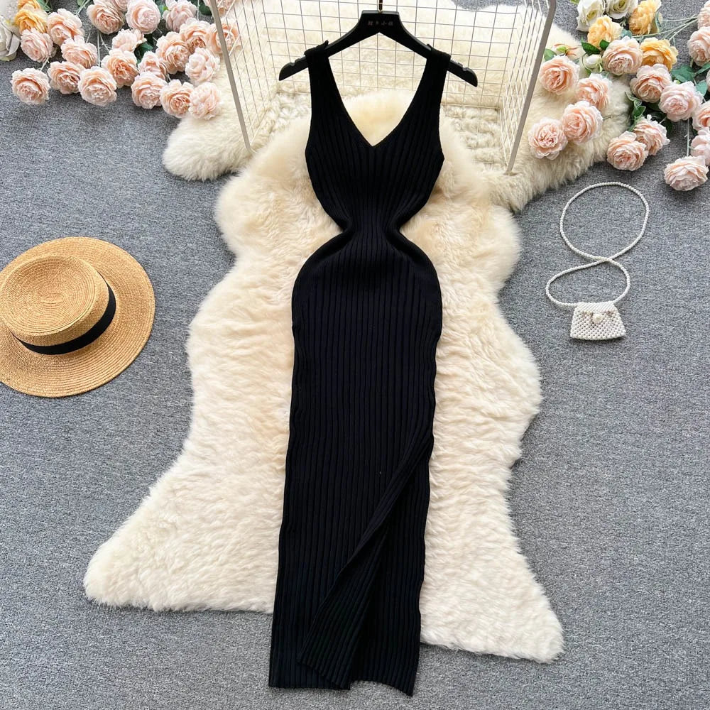 Ribbed V-Neck Knit Bodycon Dress
