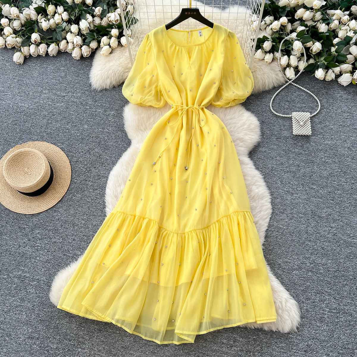 Rhinestone Mesh Lantern Sleeve Long Dress