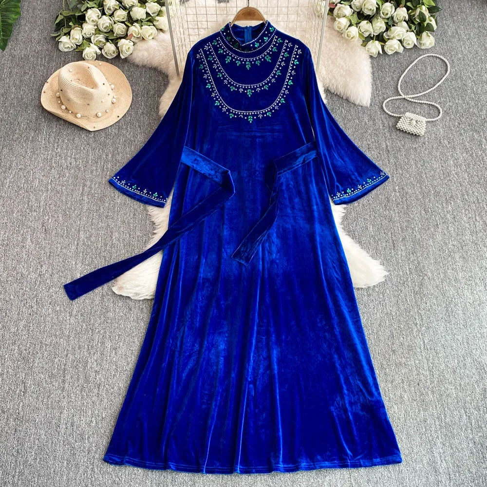 Rhinestone Stand Collar Flare Sleeve Bandage Dress
