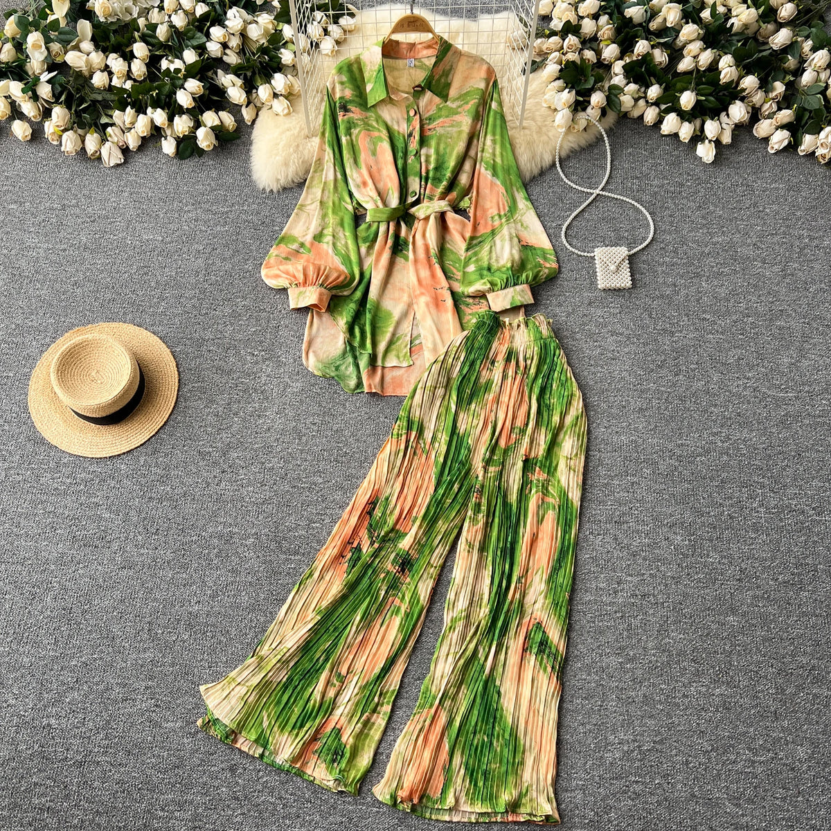 Print Pleated Top and Wide Leg Pants Set