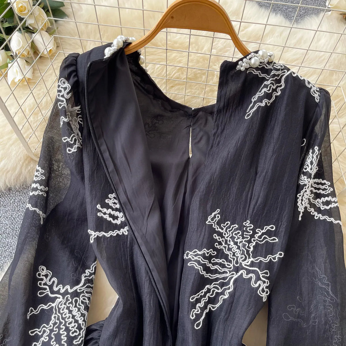 Embroidered Beaded Lantern Sleeve Long Dress