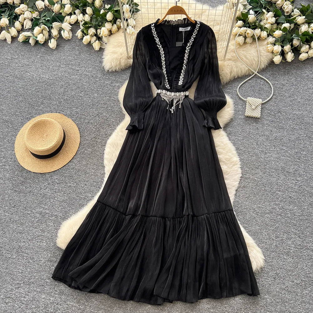 Rhinestone Ruched Puff Sleeve Pleated Dress
