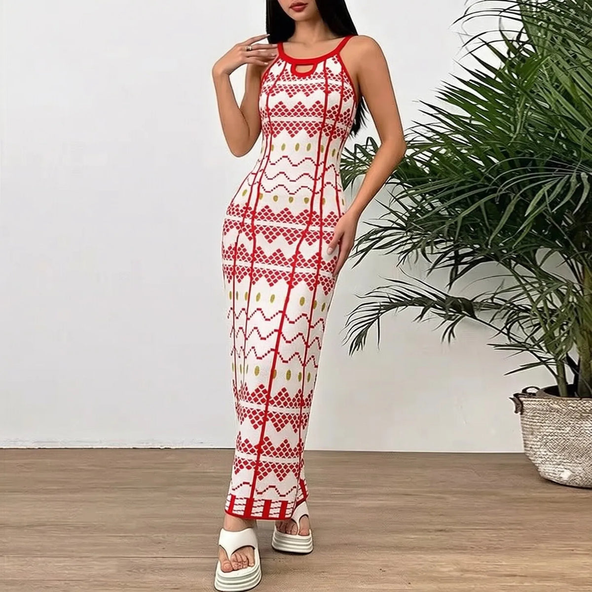 Printed Spaghetti Strap Knit Maxi Dress