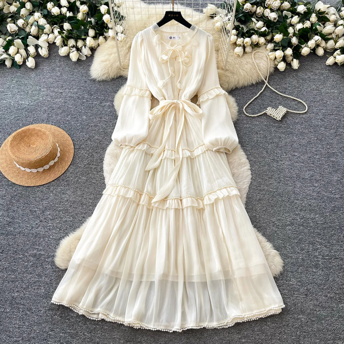 Floral Lace-Up Ruched Long Sleeve Dress