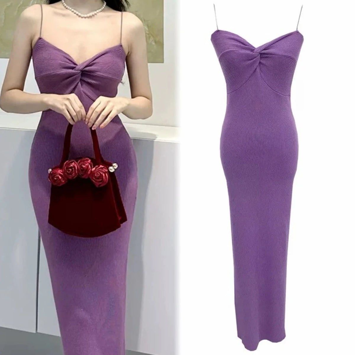 V-Neck Knit Spaghetti Strap Midi Dress