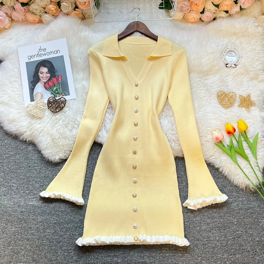 Flare Sleeve Button Knit Bodycon Mini Dress