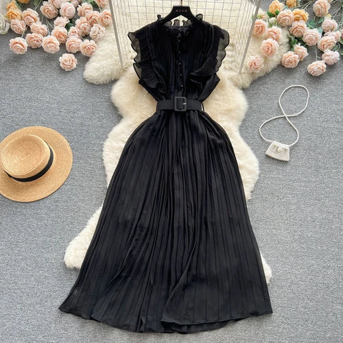 Belted Ruffle Sleeveless A-Line Dress