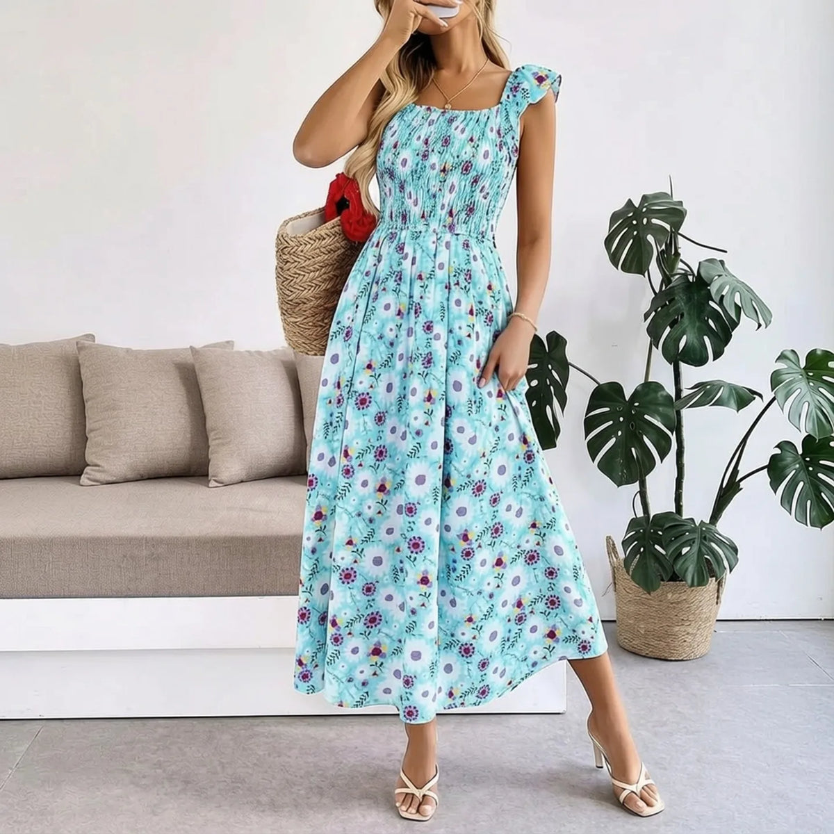 Floral Elastic Waist Swing Maxi Dress