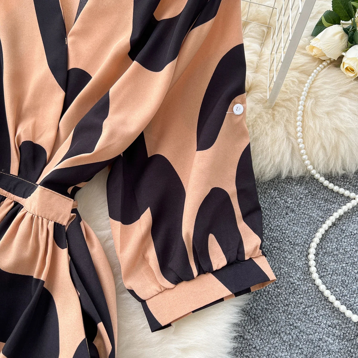Print Pleated Lace-Up V-Neck Sundress