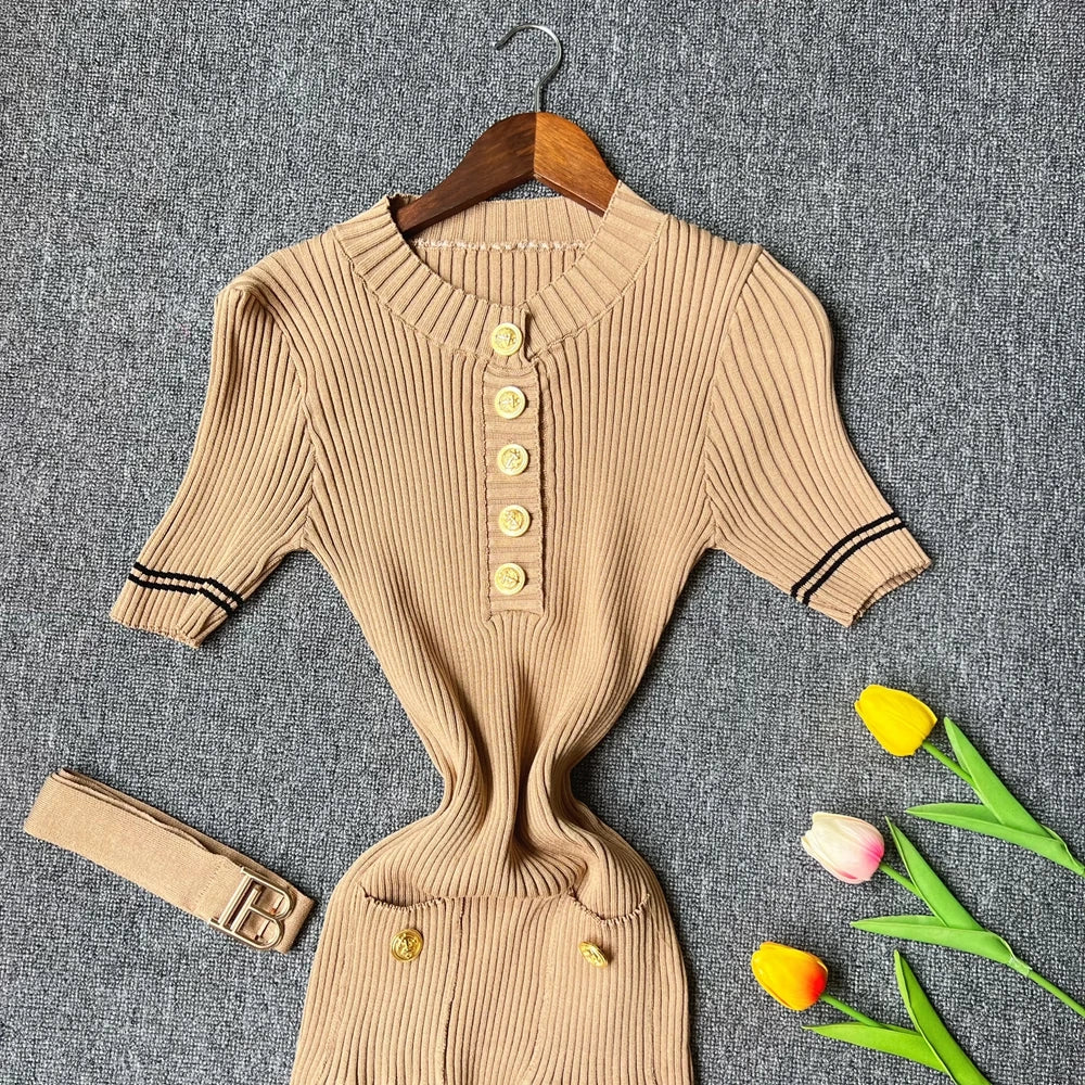 Belted Button Knit Bodycon Sweater Dress