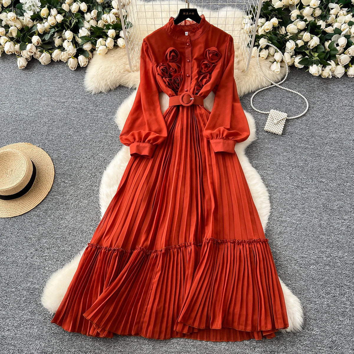 3D Floral Chiffon Ruched Dress