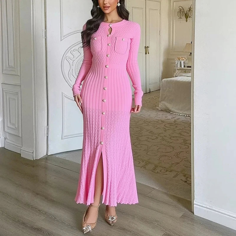 Button Front Knit Maxi Sweater Dress