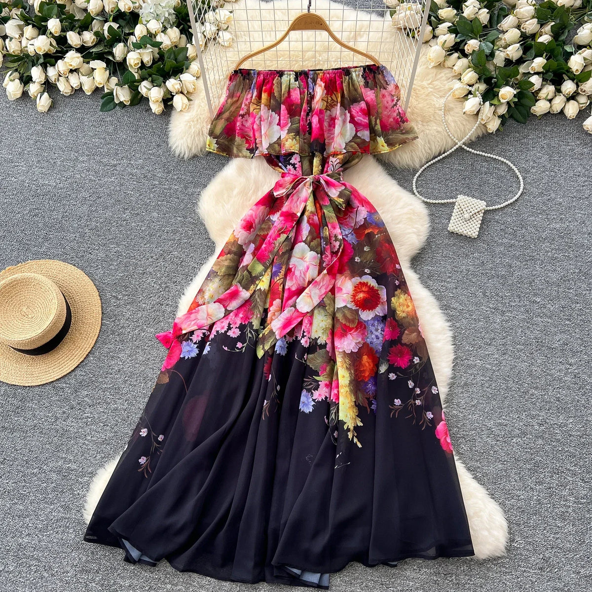 Ruffle Print Cape Sleeve Chiffon Dress
