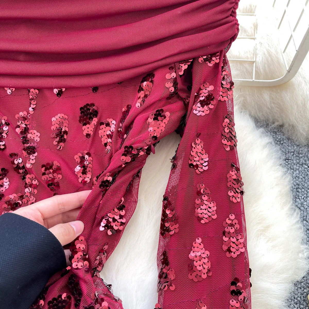 Off-Shoulder Sequin Pleated Mermaid Maxi Dress
