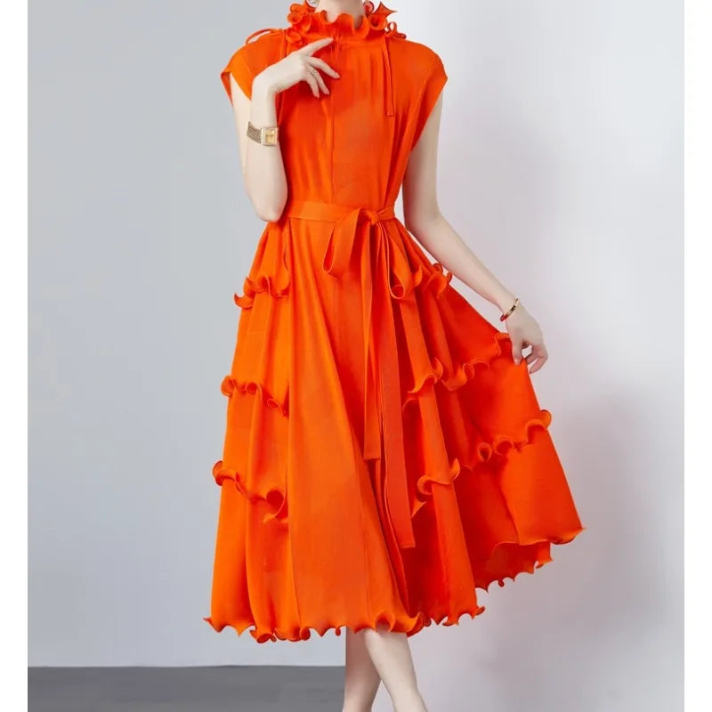 Ruffle Trim Stand Collar Chiffon Long Dress