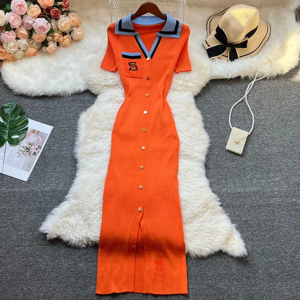 Embroidered Button Slit Knit Maxi Dress