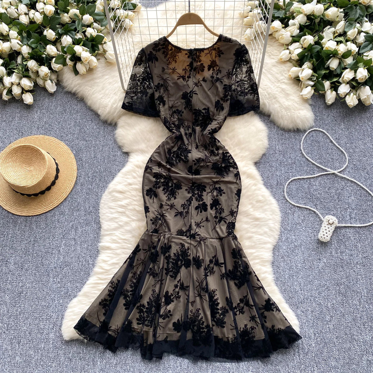 Print Pleated Short Sleeve Mermaid Dress