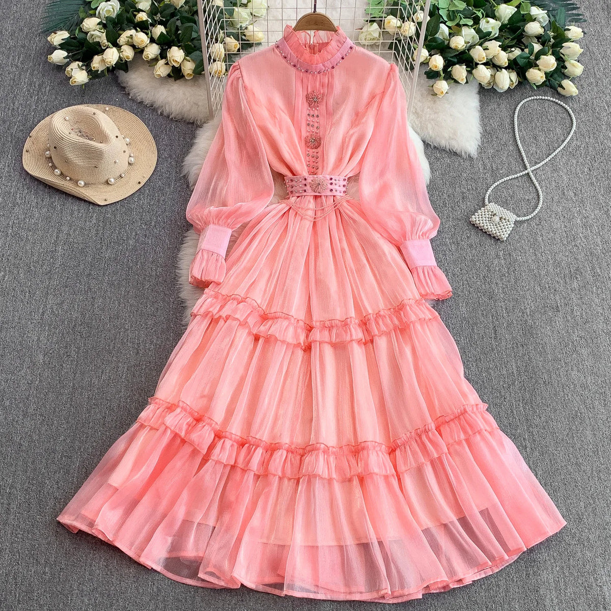 Rhinestone Mesh Long Sleeve Dress