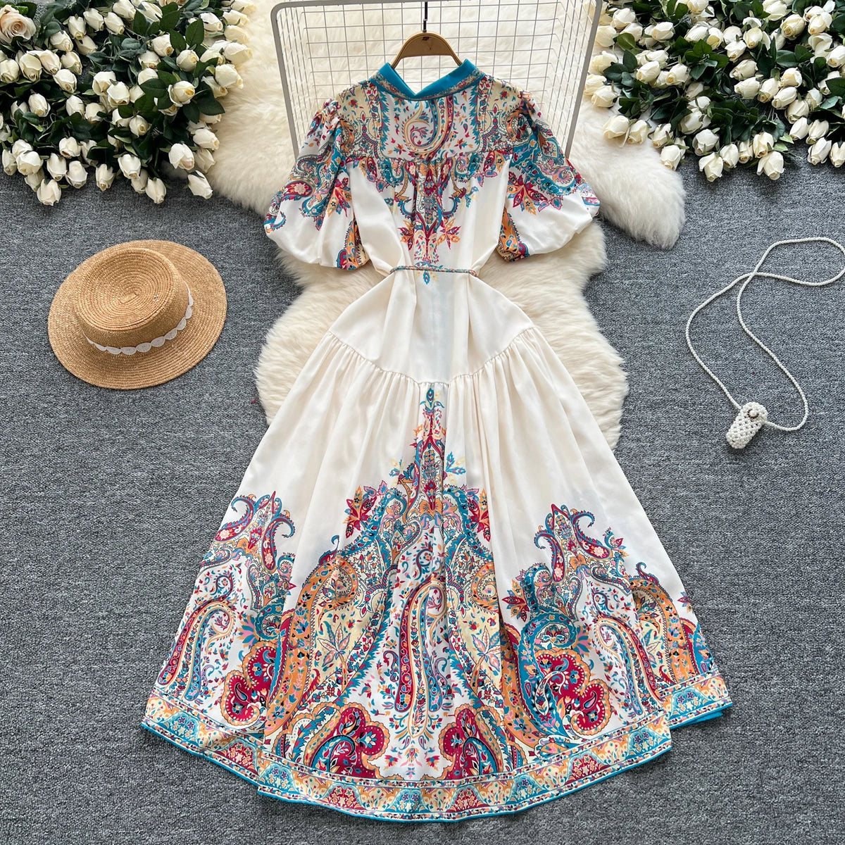 Boho Print Ruched Puff Sleeve Dress