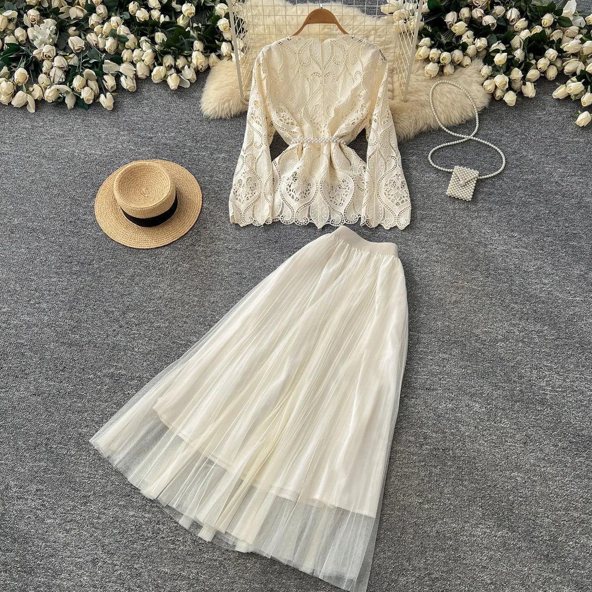 Lace Top and Tulle Pleated Skirt Set