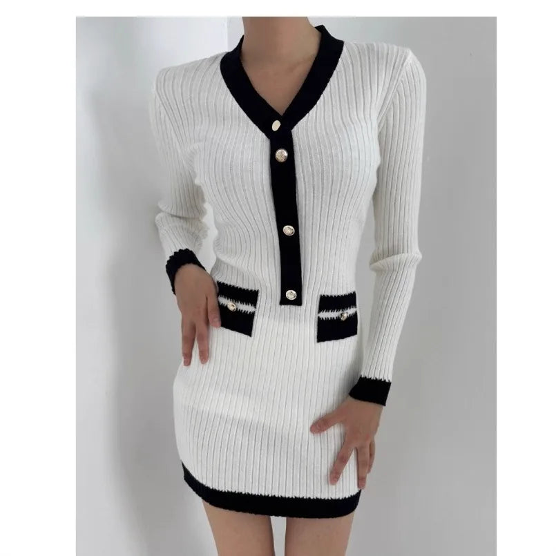 V-Neck Knit Bodycon Short Sweater Dress
