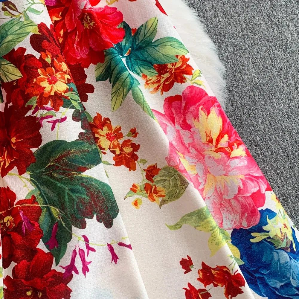 Print Button Front A-Line Maxi Dress