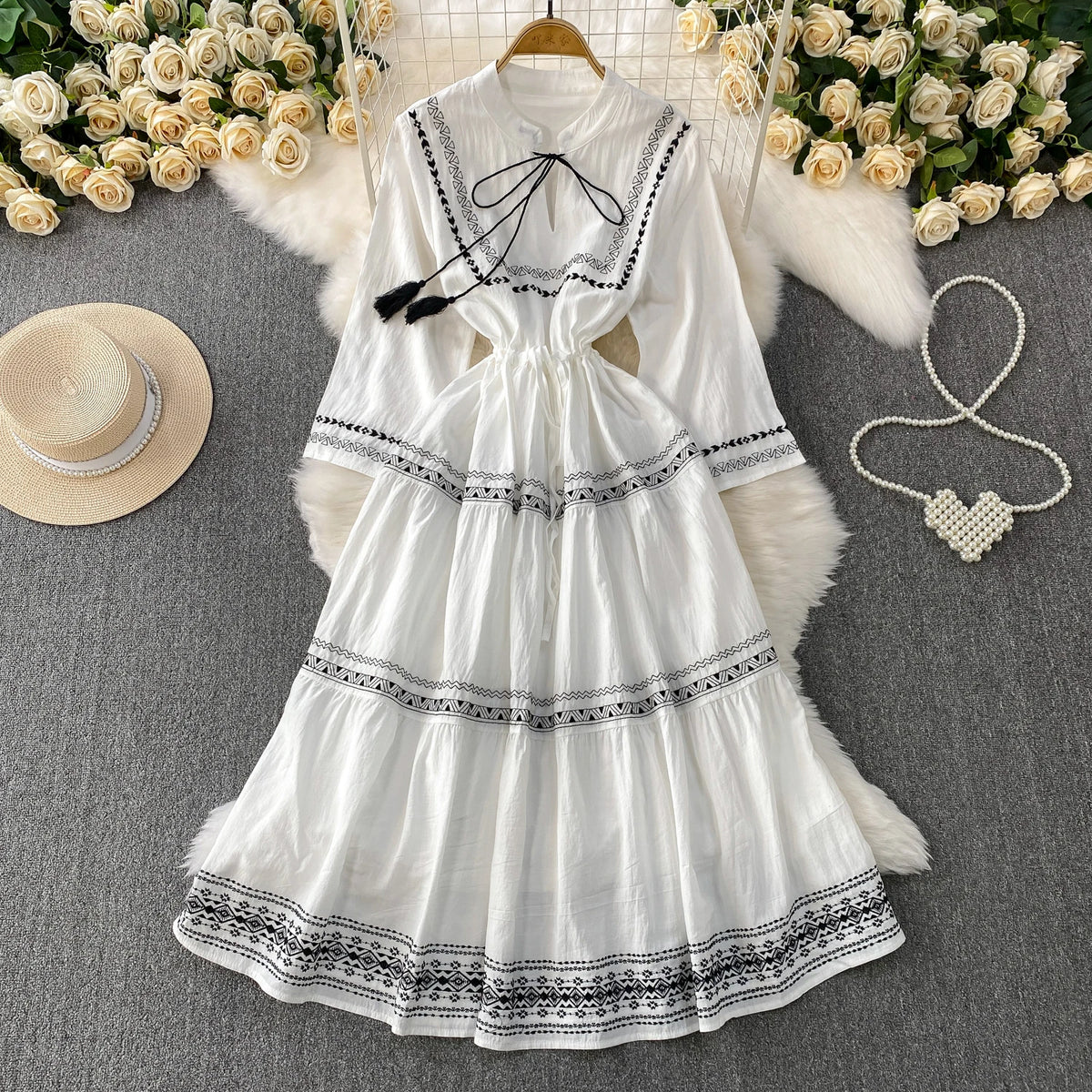 Embroidered Lace-Up A-Line Beach Dress