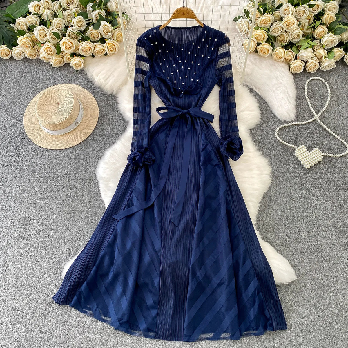 Beaded Long Sleeve A-Line Party Dress