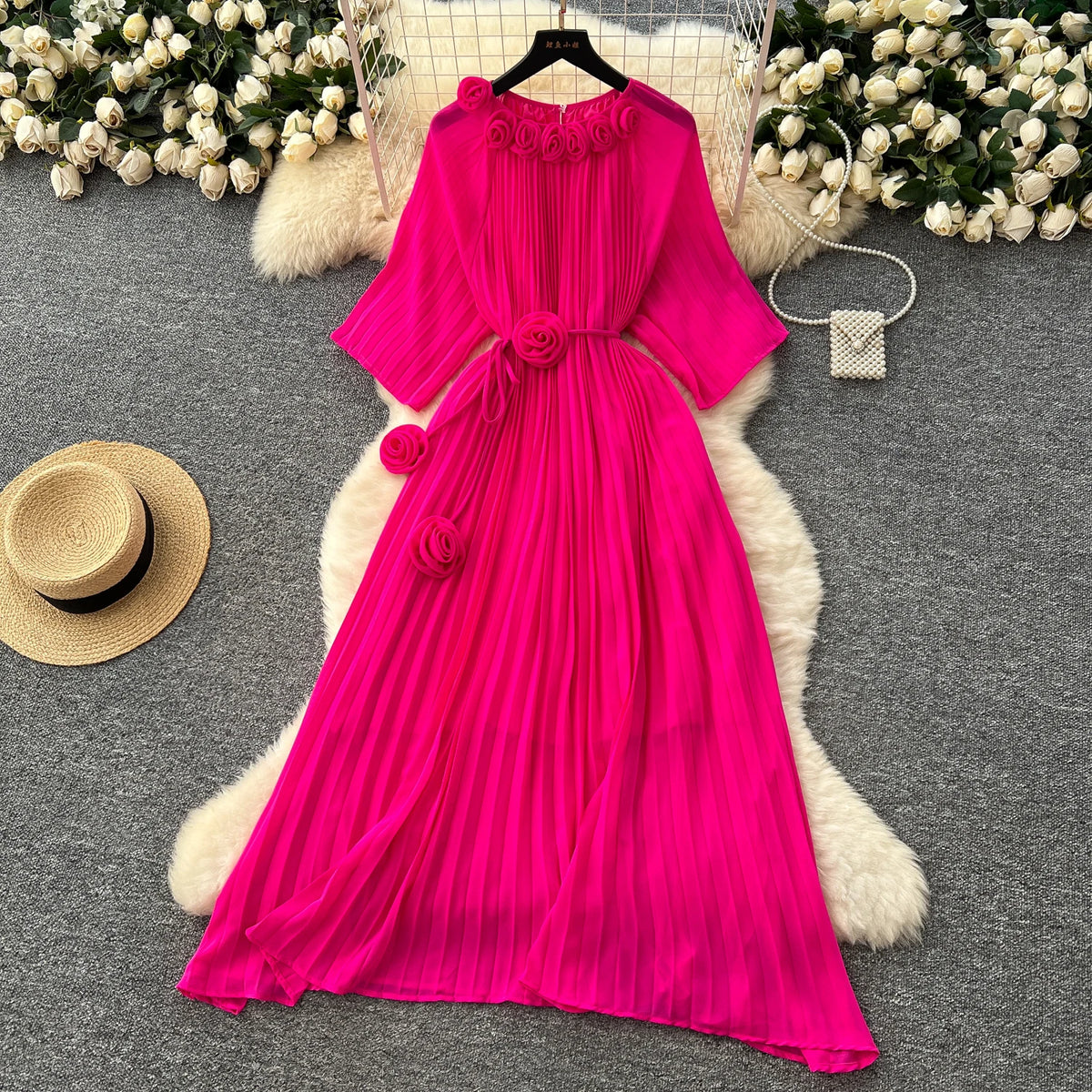 Pleated Chiffon 3D Detail Birthday Dress