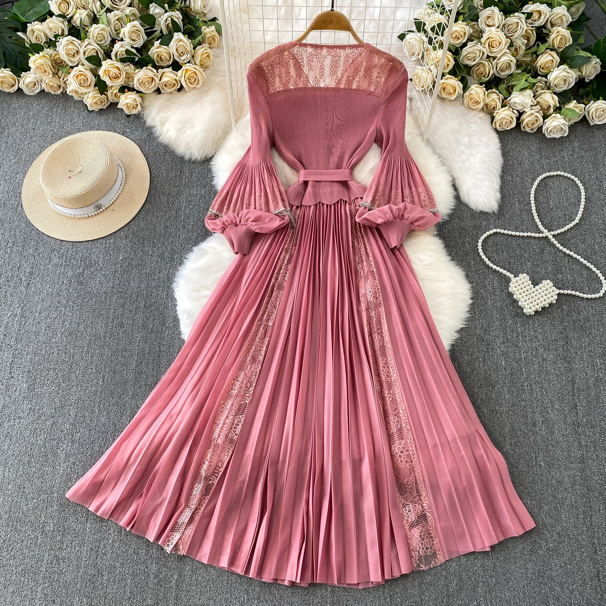 Lace Lantern Sleeve A-Line Office Dress