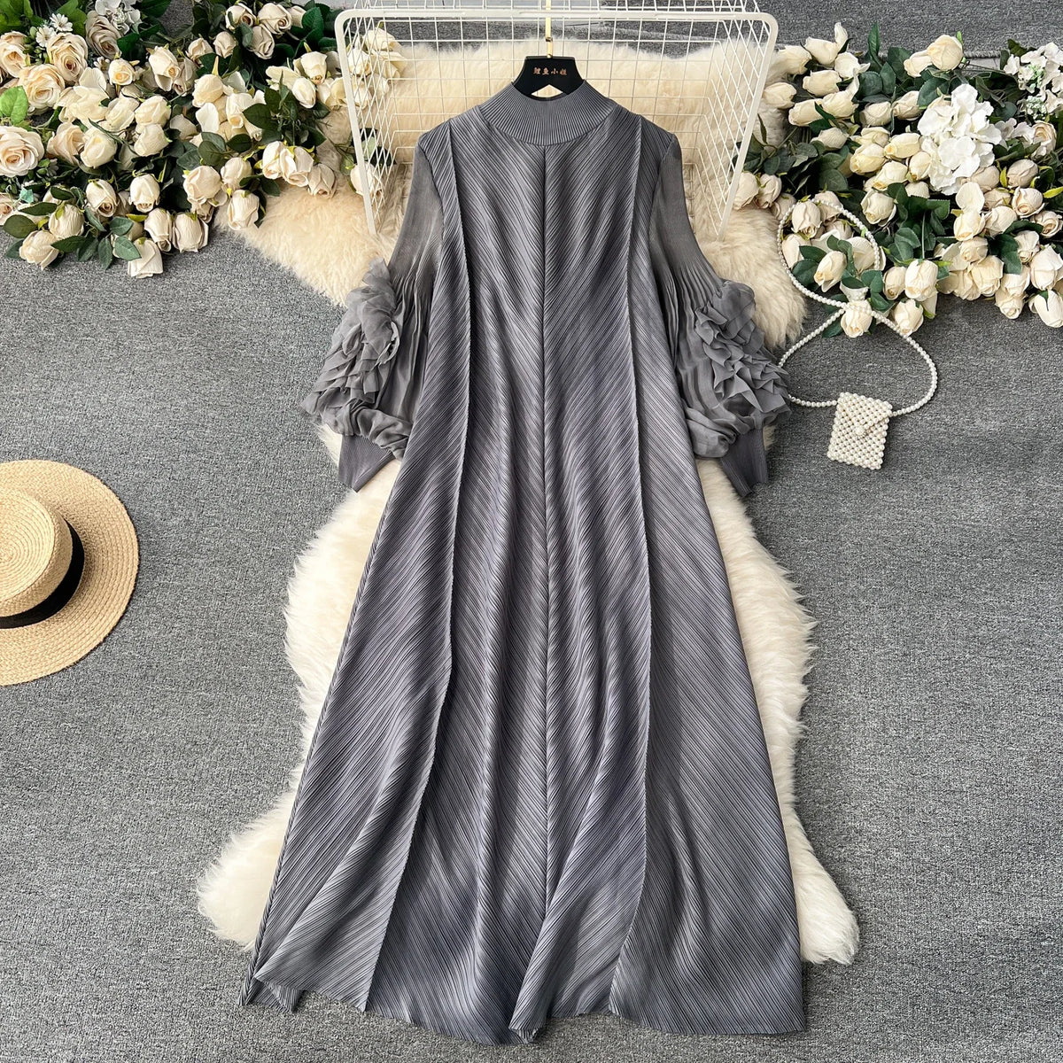 Pleated 3D Flower Loose Long Dress