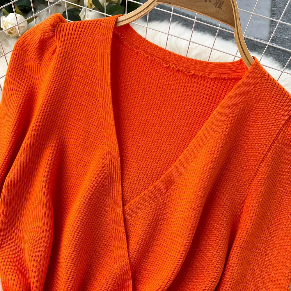 Lace-Up V-Neck Knit Bodycon Dress