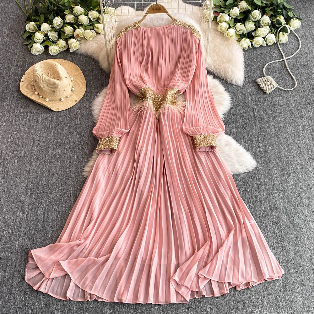 Pleated Embroidered Sequin V-Neck Dress