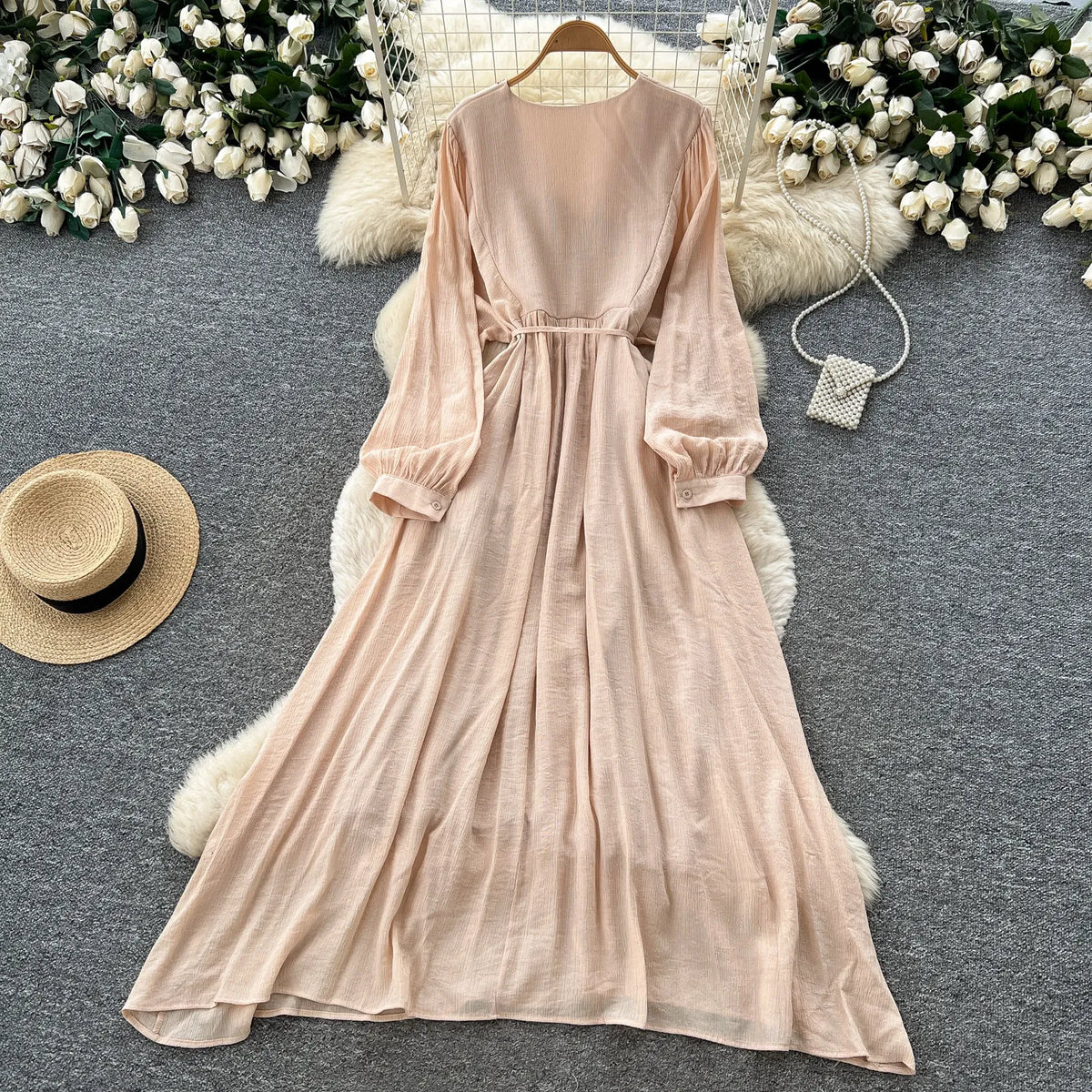 Embroidered V-Neck Tie Maxi Dress