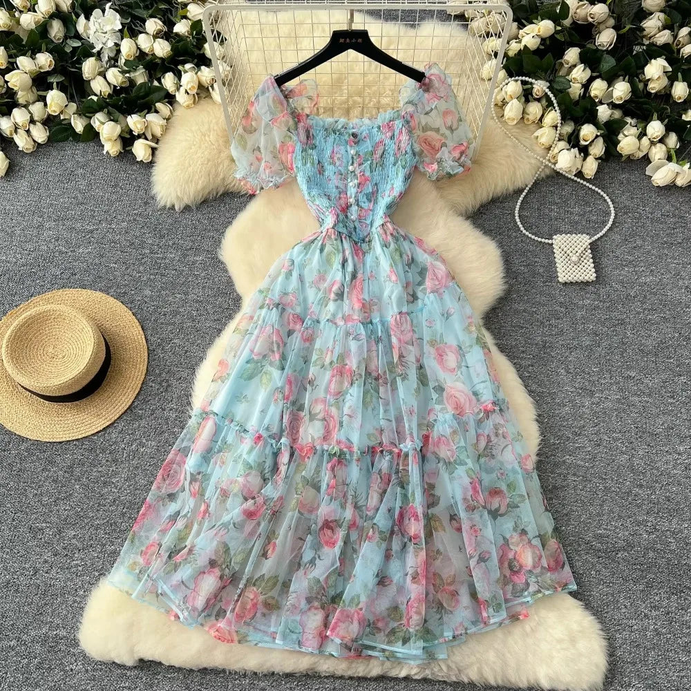 Print Chiffon Puff Sleeve Slash Neck Dress