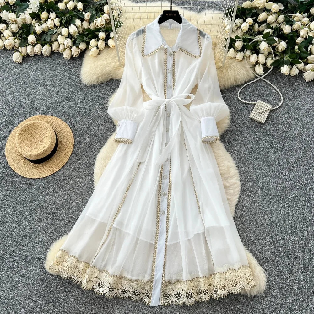 Lace Cutout Long Sleeve A-Line Dress