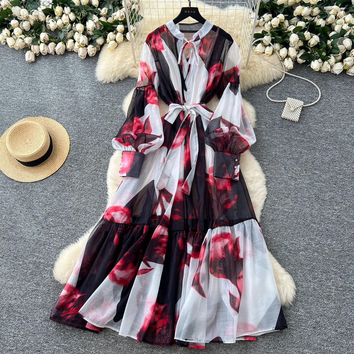 Printed Mesh Long Sleeve Maxi Dress