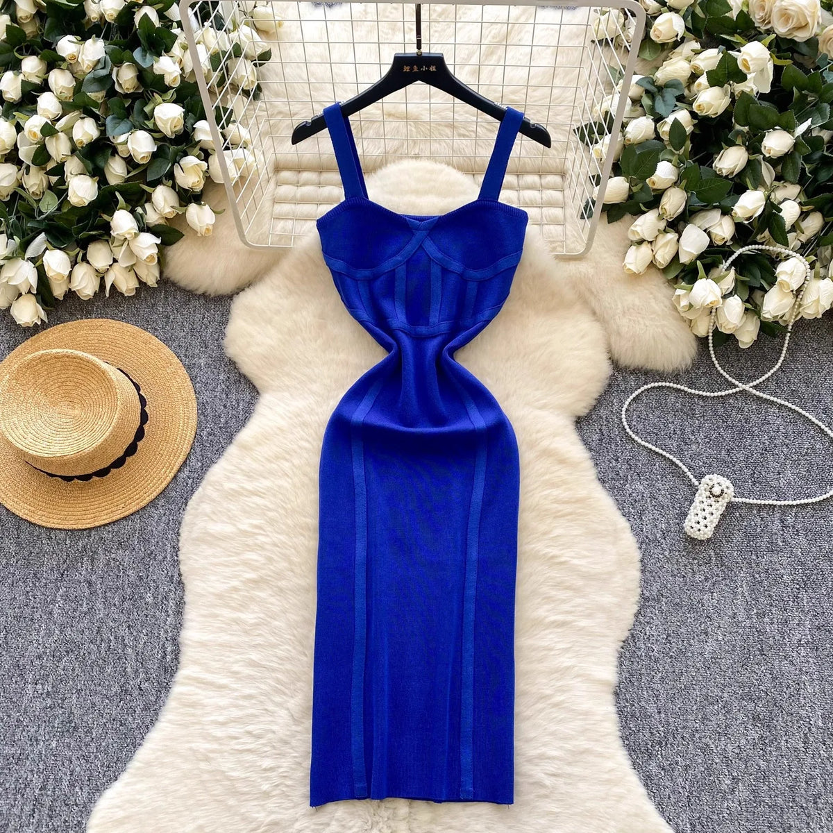 Spaghetti Strap Knit Bodycon Midi Dress