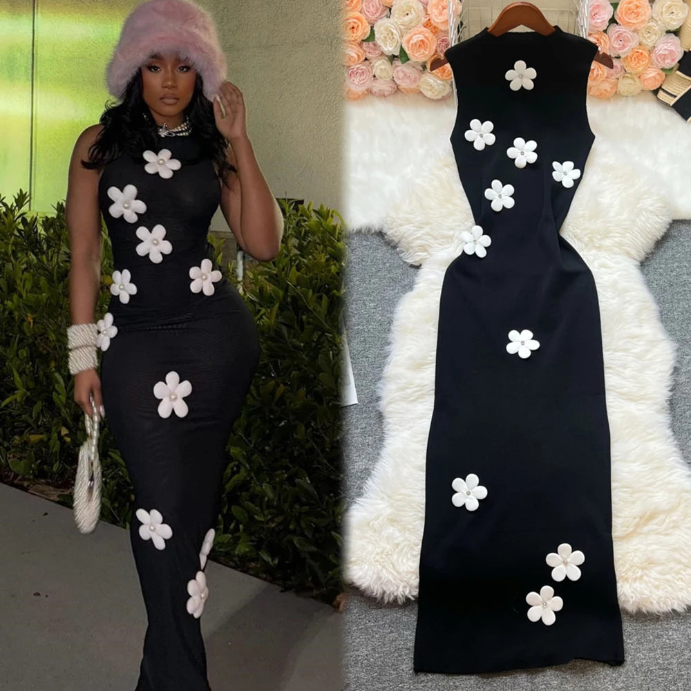 Black Floral Sleeveless Bodycon Maxi Dress